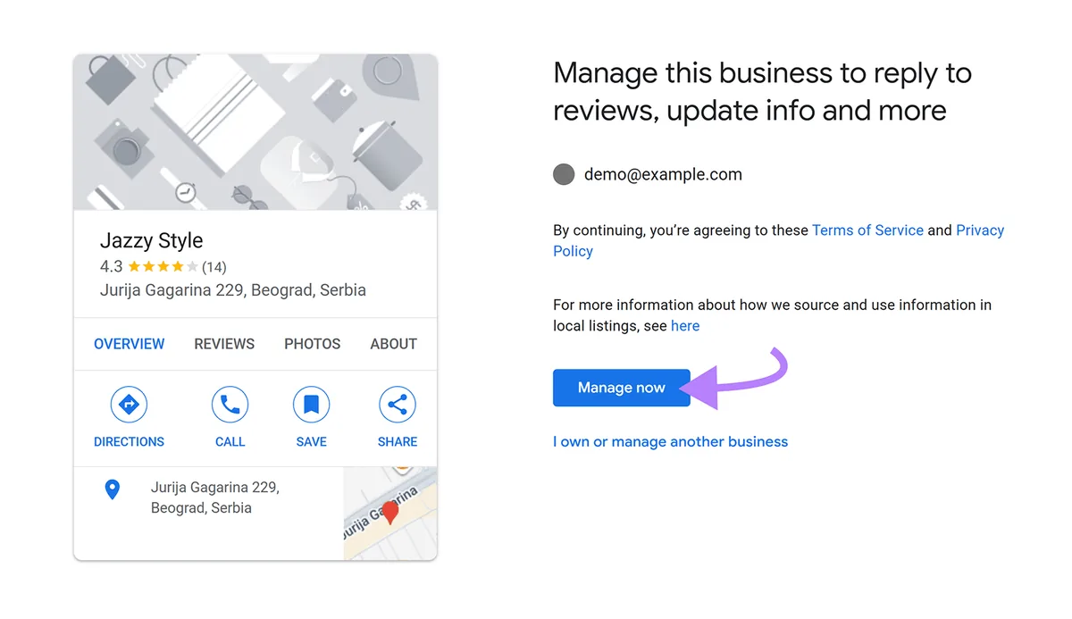 商家资料,箭头指向“Manage now”按钮。