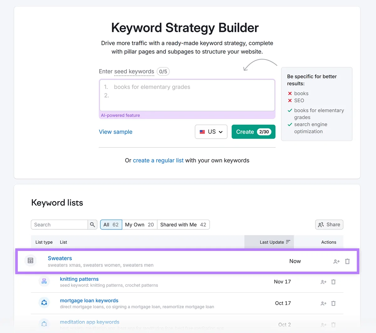 Semrush Keyword Strategy Builder 起始页,突出显示 Keyword lists 部分中的列表。