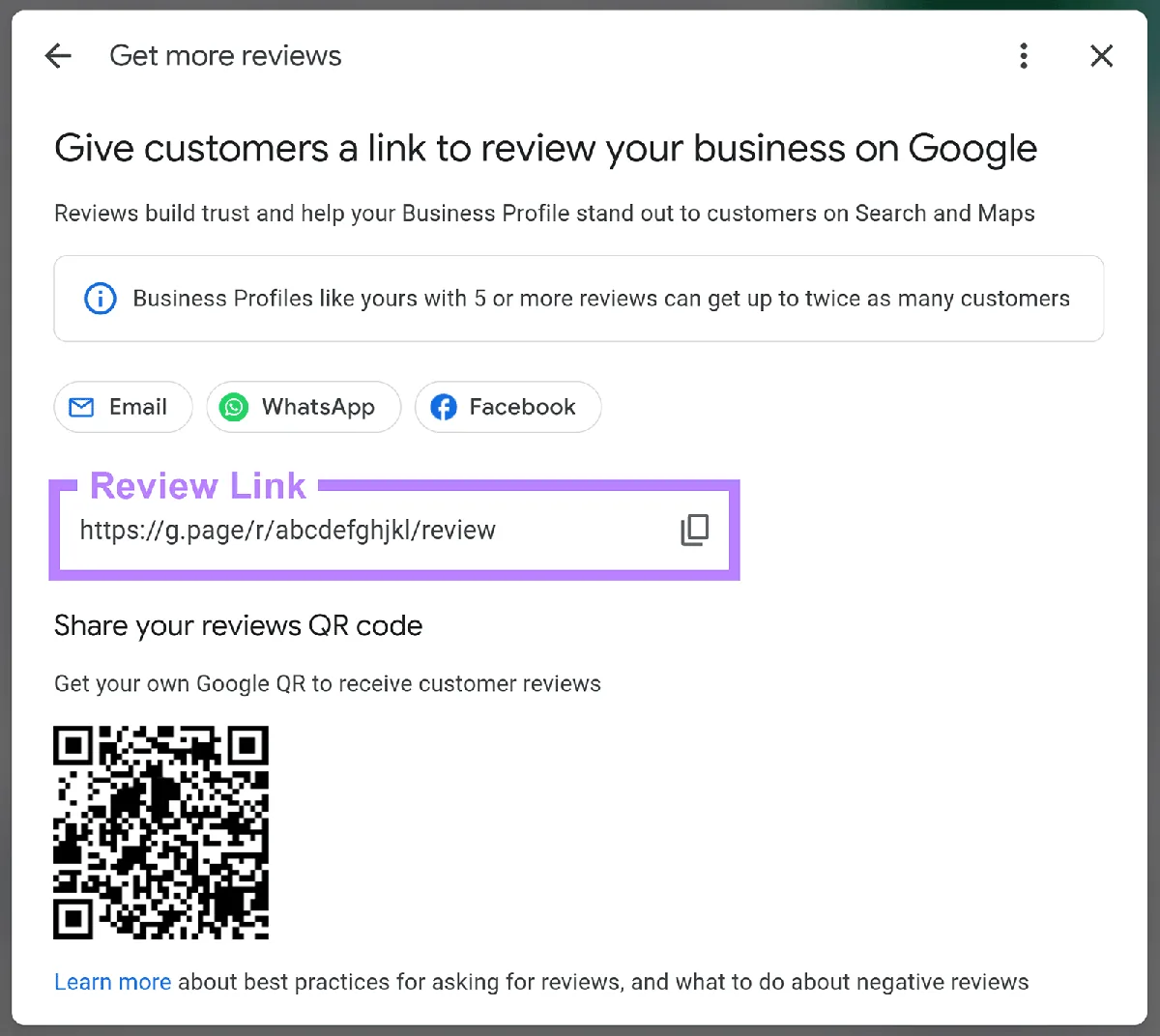 Google 评价链接分享弹窗,Review link 已被标注