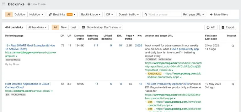 Site Explorer 中的反向链接报告。