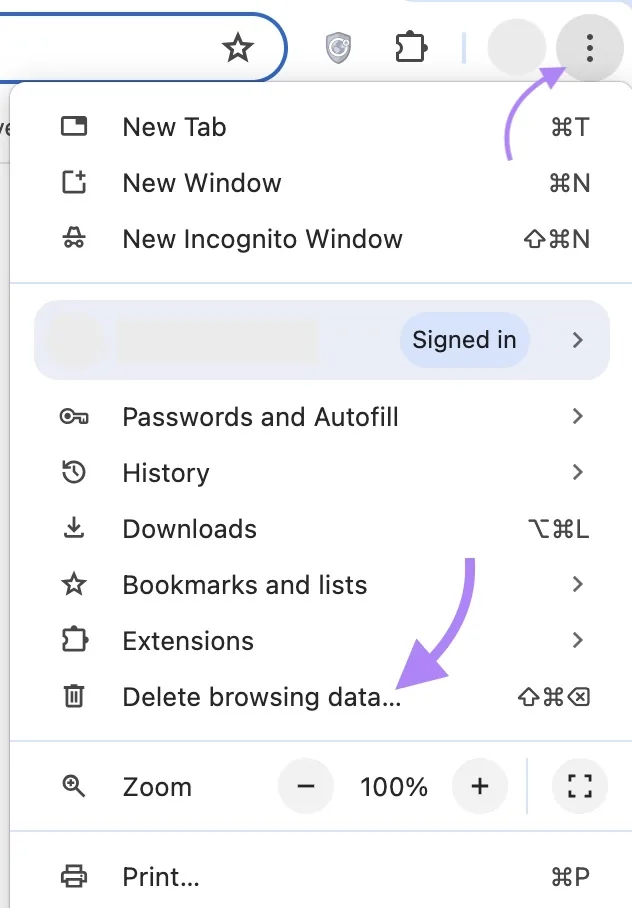 点击了 Chrome 浏览器右上角的三点图标,并选择了“删除浏览数据……”