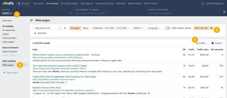 Ahrefs Brand Radar 工具界面，展示如何根据 Domain Rating 和流量等指标跟踪和筛选来自权威网站的品牌提及