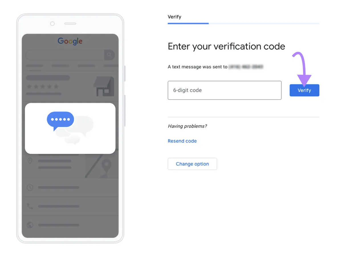 验证屏幕含短信验证码输入字段,箭头指向“Verify”。
