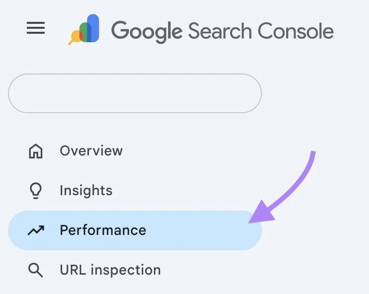 Google Search Console,已从侧边栏菜单中选择“Performance”。
