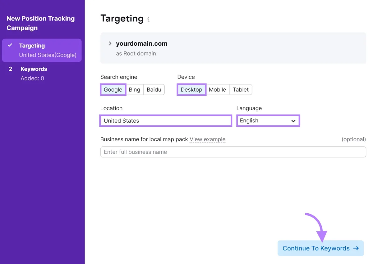 Position Tracking 工具的“Targeting”标签页,突出显示搜索引擎、设备、位置和语言部分。