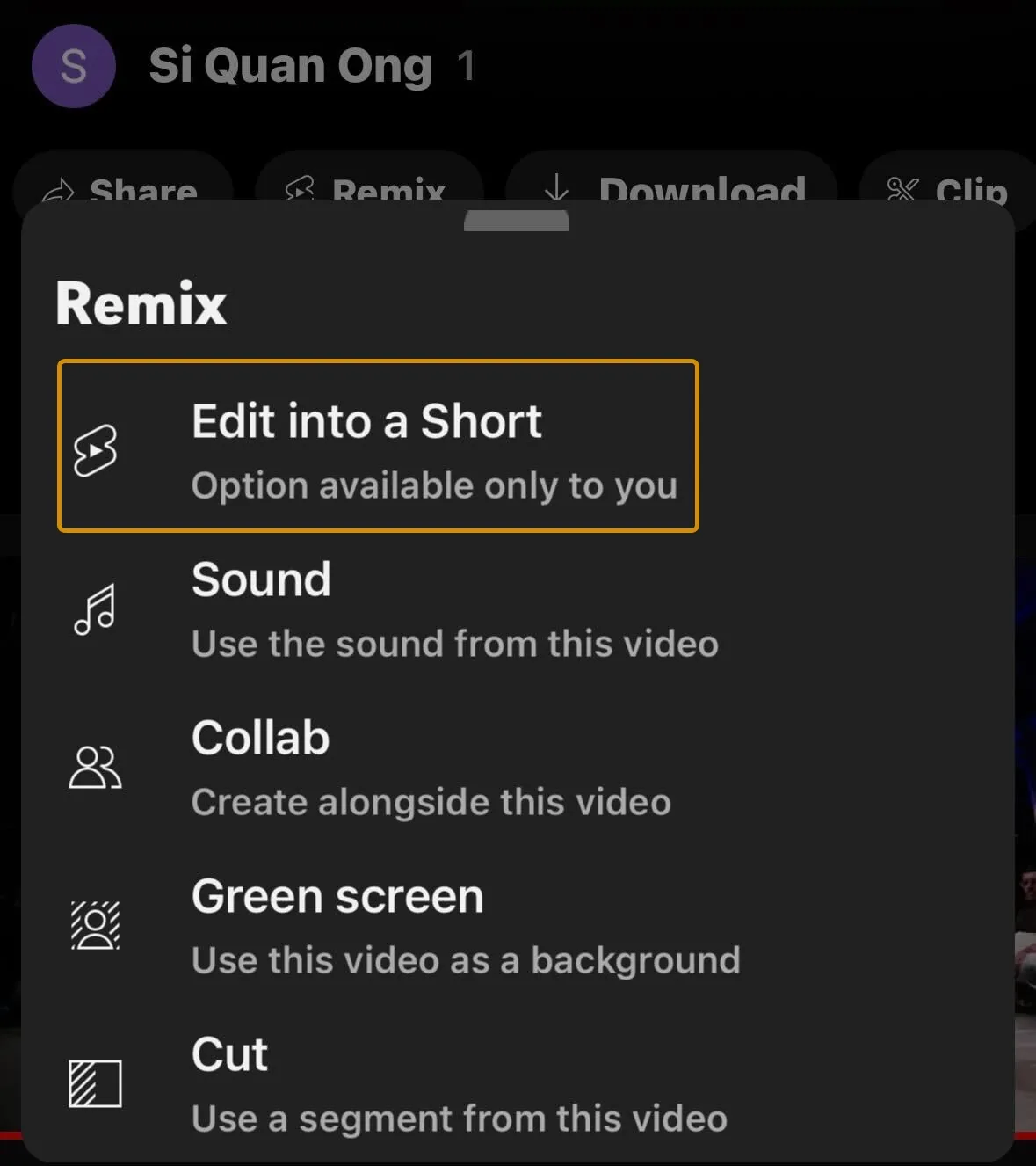 YouTube 的 Edit into a short(转为短视频)功能