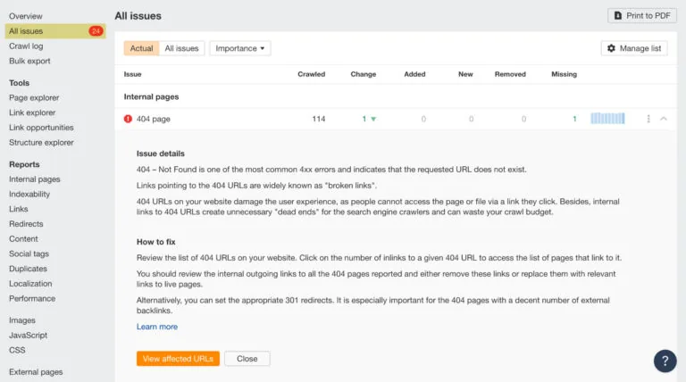 Ahrefs Site Audit 中的 All issues 标签页