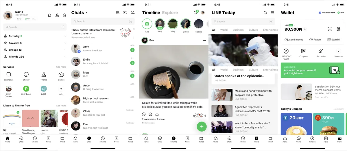 LINE 的用户界面,包含聊天线程、时间线帖子和用于在应用内追踪积分的钱包