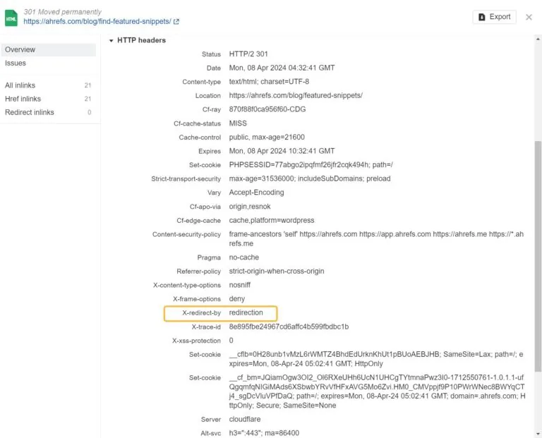 使用 Ahrefs Site Audit 在 HTTP 标头中查找重定向触发位置的线索