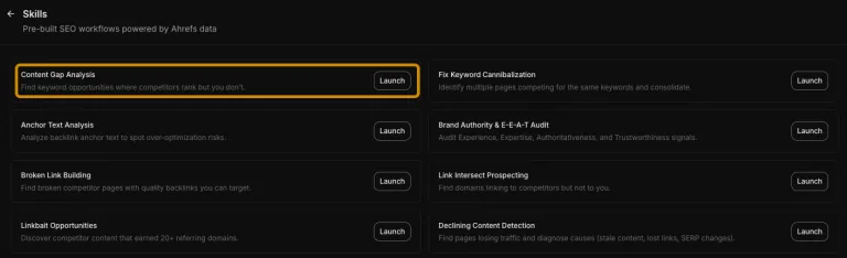 Agent A 中的“Skills”菜单,提供预置的 SEO 工作流。可见的卡片包括“Content Gap Analysis(内容缺口分析)”“Fix Keyword Cannibalization(修复关键词蚕食)”“Anchor Text Analysis(锚文本分析)”“Broken Link Building(失效链接建设)”和“Link Intersect Prospecting(链接交叉挖掘)”,每张卡片都带有一个“Launch”按钮。