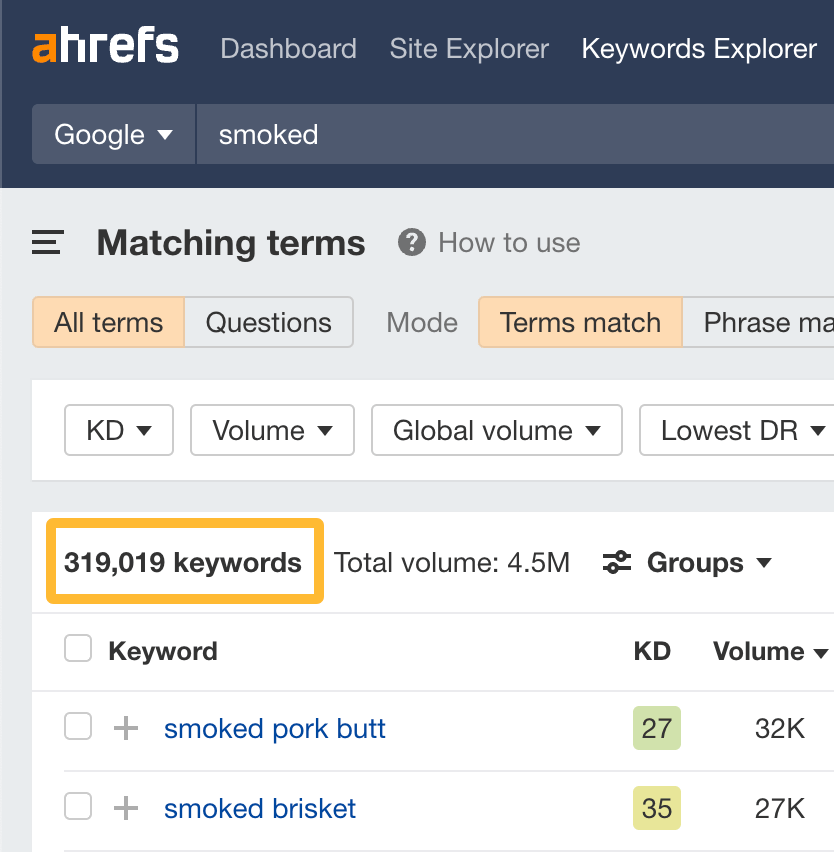 在 Ahrefs 的 Keywords Explorer 中查找与
