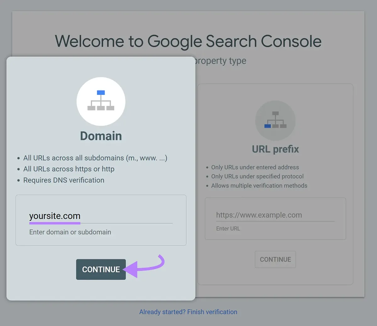 Google Search Console 域属性设置,已输入 yoursite.com,Continue 按钮已高亮显示