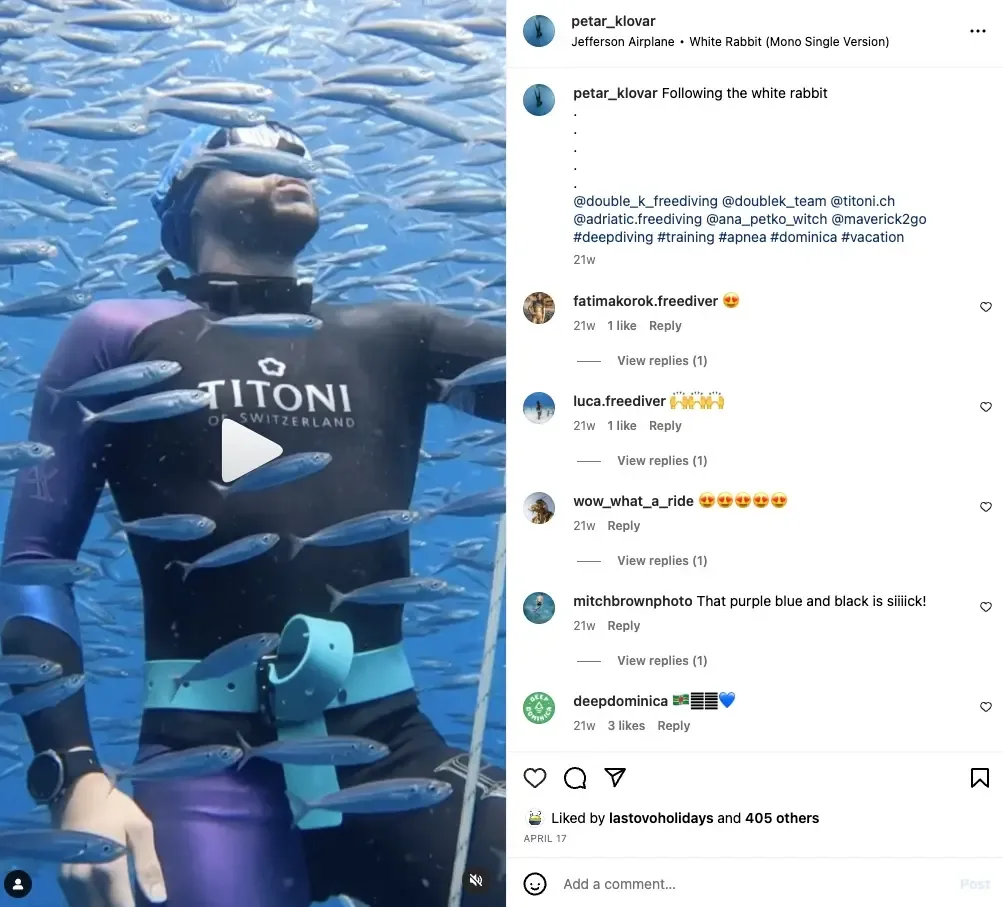 左侧是 Petar Klovar 的自由潜水 Instagram 视频,右侧是评论