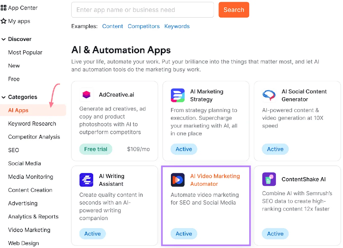 应用中心的“AI 与自动化应用”板块，其中“AI Video Marketing Automator”以紫色方框高亮。
