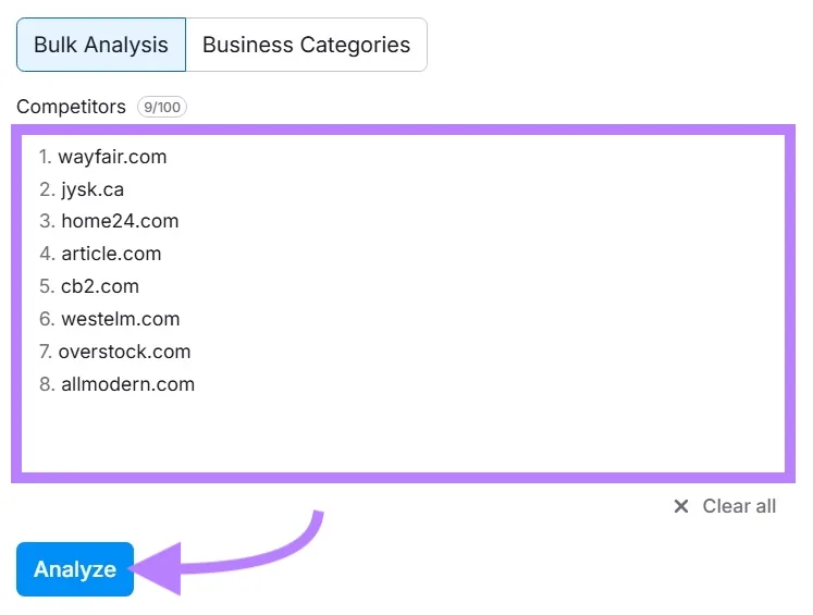 Traffic & Market 工具包中的“Industry & Bulk Analysis”,已输入多个竞争对手域名并点击“Analyze”。