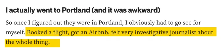 一篇博文的文字,标题为“I actually went to Portland (and it was awkward)”,部分内容用黄色高亮。