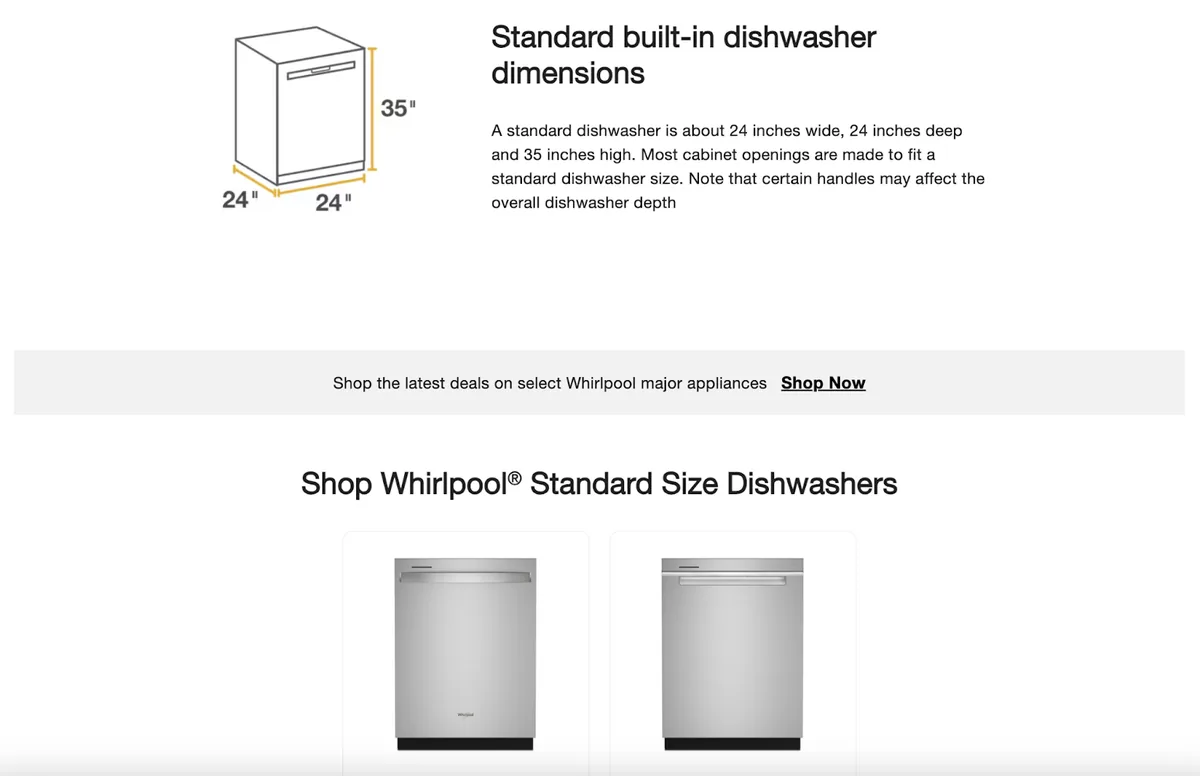 Whirlpool 网页,含标准嵌入式洗碗机尺寸和购物区块