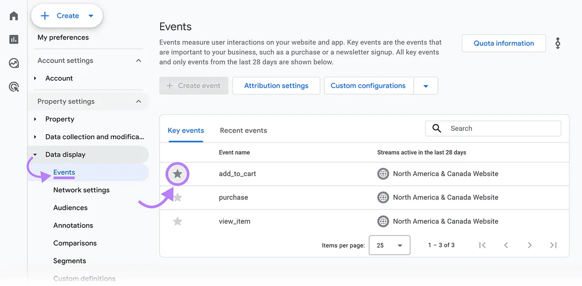 Google Analytics 事件设置，展示将 add_to_cart 等事件标记为关键事件的选项