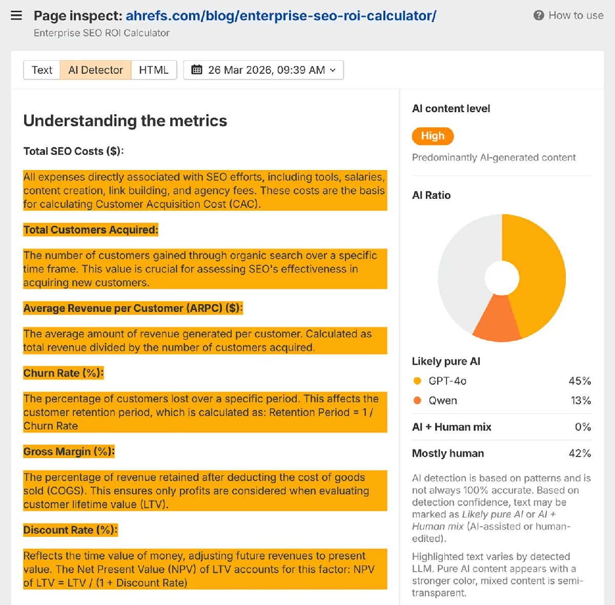 在 Site Explorer 的 Page Inspect 中使用 Ahrefs 的 AI 检测器