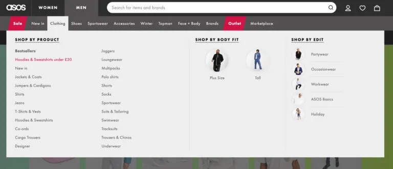 ASOS 上的大型菜单