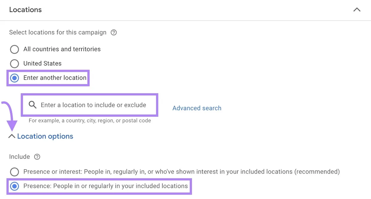 位置设置页面,已选择“Enter another location”和“Presence: People in or regularly in your targeted locations”。