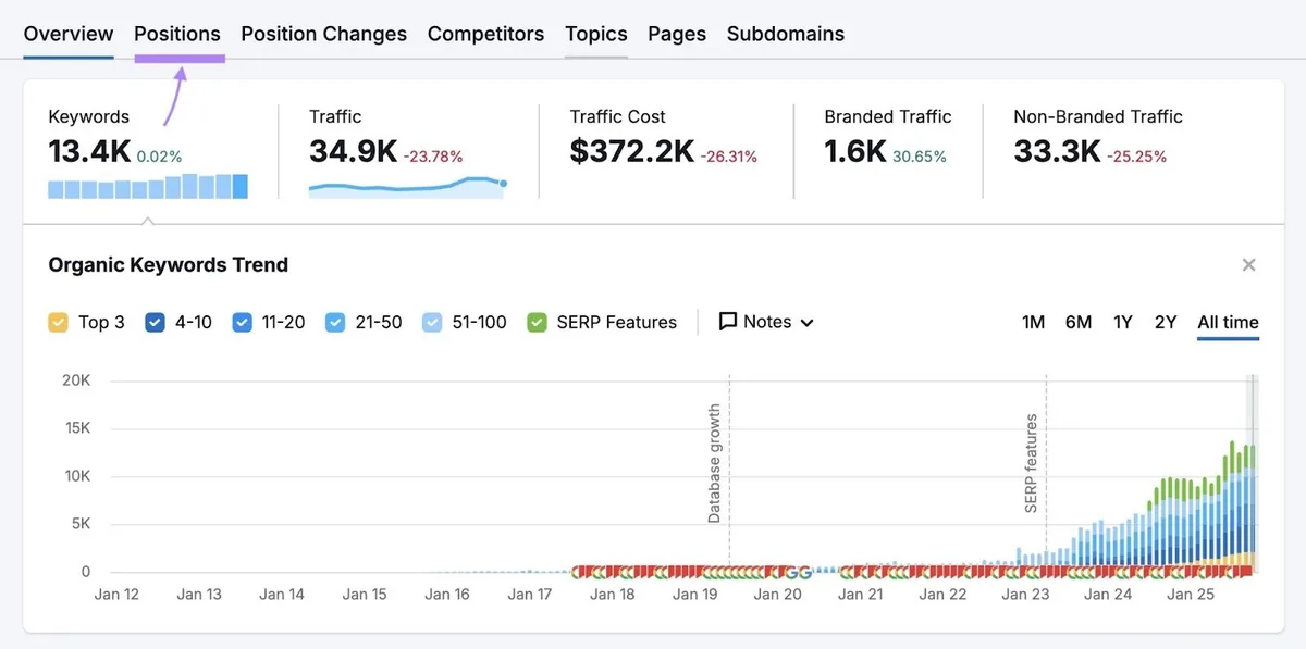 Organic Rankings 概览报告，突出显示“Positions”标签页。