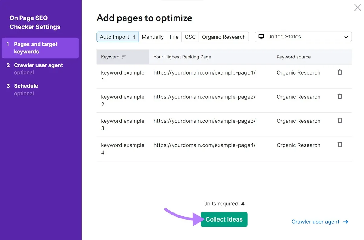 Pages and target keywords 步骤,已添加页面,箭头指向 Collect ideas 按钮。