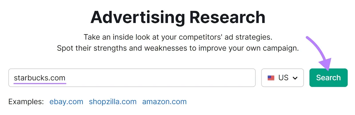在 Advertising Research 工具中输入的“starbucks.com”