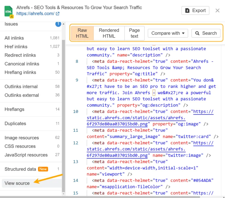 在 Ahrefs 的 Site Audit 中检查原始 HTML 与 JavaScript 渲染后的 HTML
