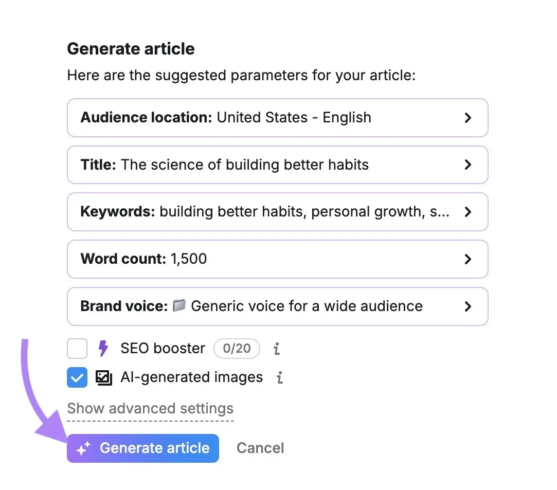 AI Article Generator 设置界面,输入框已填写并点击“Generate article”。