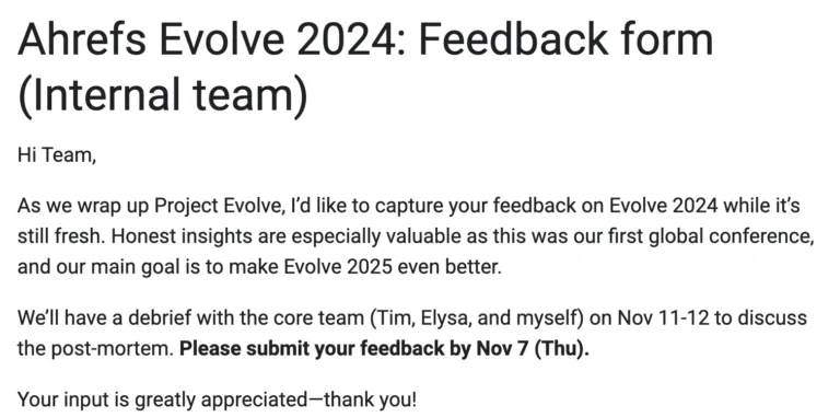 面向内部团队成员的 Ahrefs Evolve 2024 反馈表单