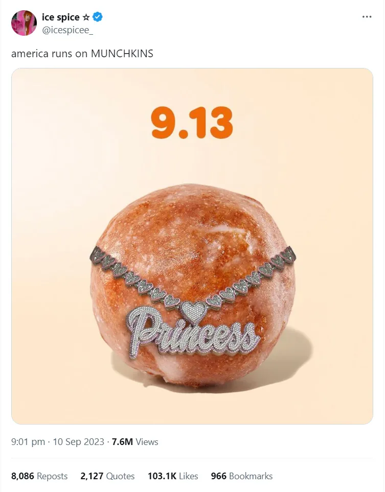 Ice Spice 推广 Dunkin Donuts 产品的推文。