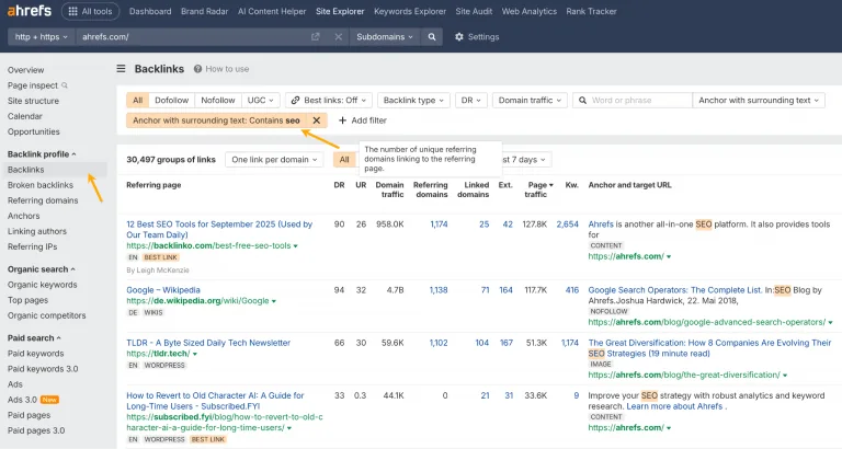 Ahrefs 中的 Backlinks 报告，演示如何按锚文本和周围文本筛选反向链接，以查看网站因哪些主题被提及
