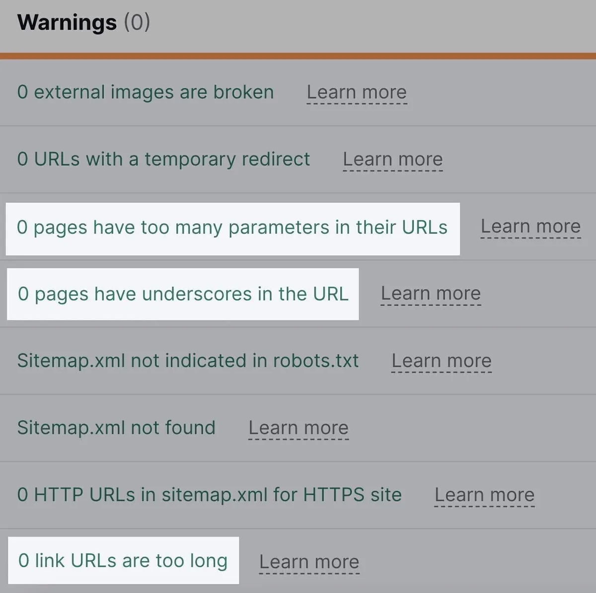 Site Audit 上突出显示的“Warnings”，如参数过多、URL 中含下划线等