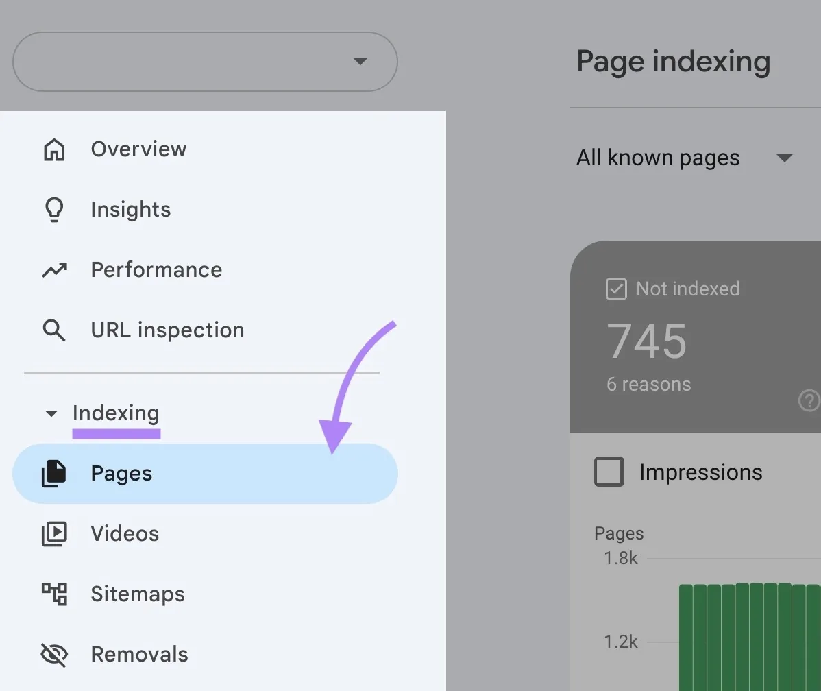 GSC 上的左侧菜单,从“Indexing”下拉菜单中选择“Pages”。