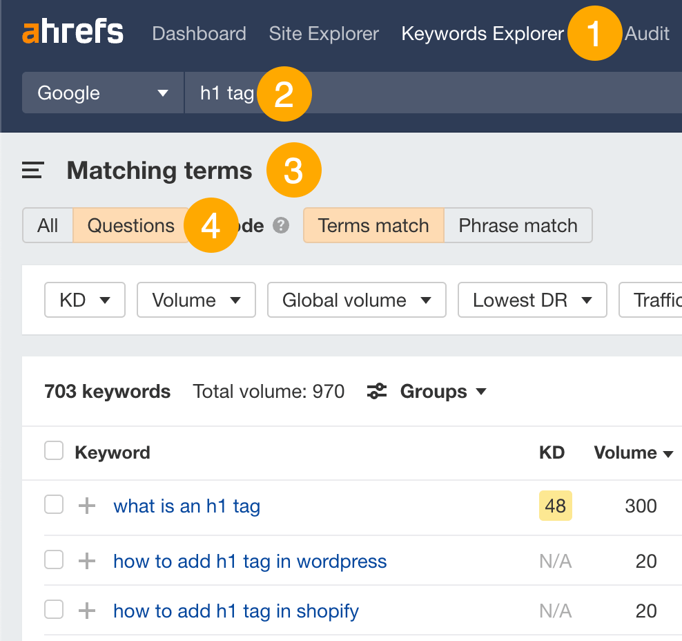 在 Ahrefs 的 Keywords Explorer 中查找热门问题