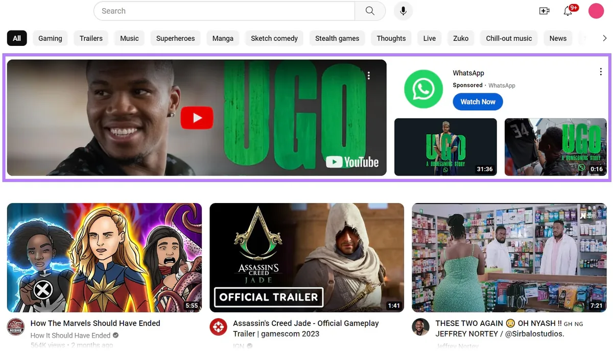 WhatsApp 在 YouTube 主页顶部的页眉广告
