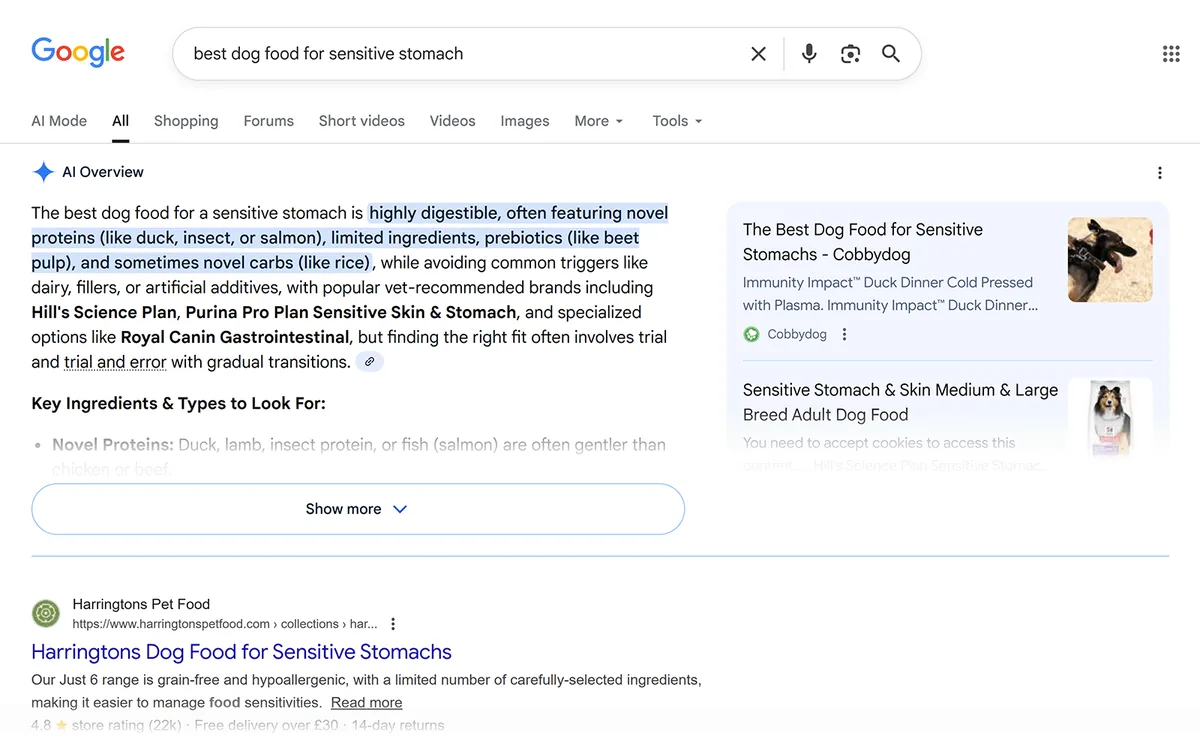 Google AI 概览回答“best dog food for sensitive stomach”,高亮文本并右侧展示商品卡片。
