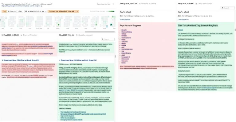 Ahrefs Content Changes 日历视图,并排对比某篇文章的两个版本