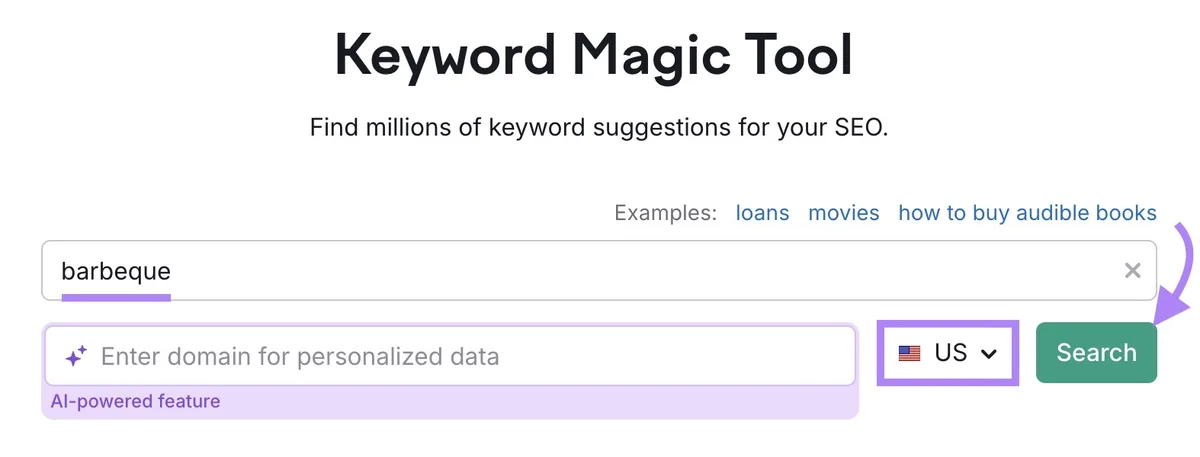 Keyword Magic Tool 起始页面,已输入词条“barbeque”,选择地区“US”,并点击“Search”。