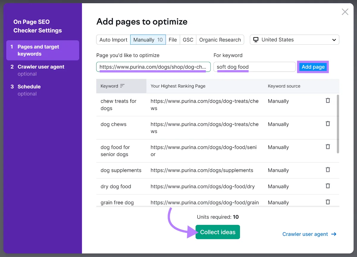 “Add pages to optimize”步骤，已添加关键词和页面，箭头指向“Collect ideas”按钮