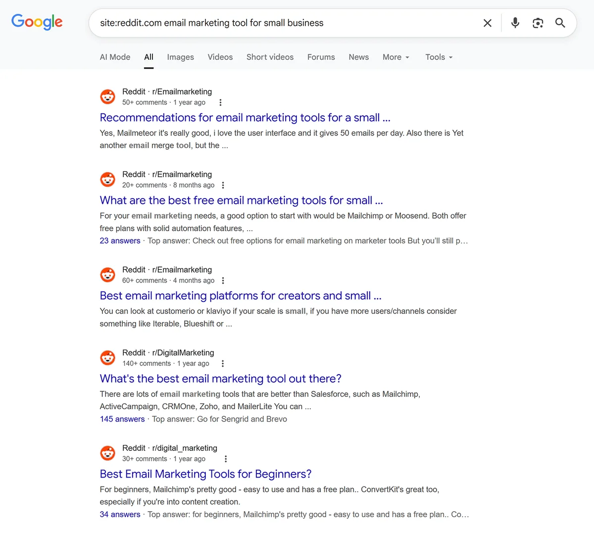 site:reddit.com email marketing tools for small business 的 Google 搜索结果。