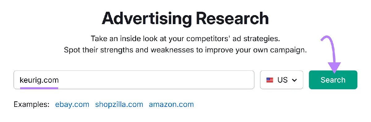 Semrush Advertising Research 起始页，已输入“keurig.com”，突出显示 Search 按钮。