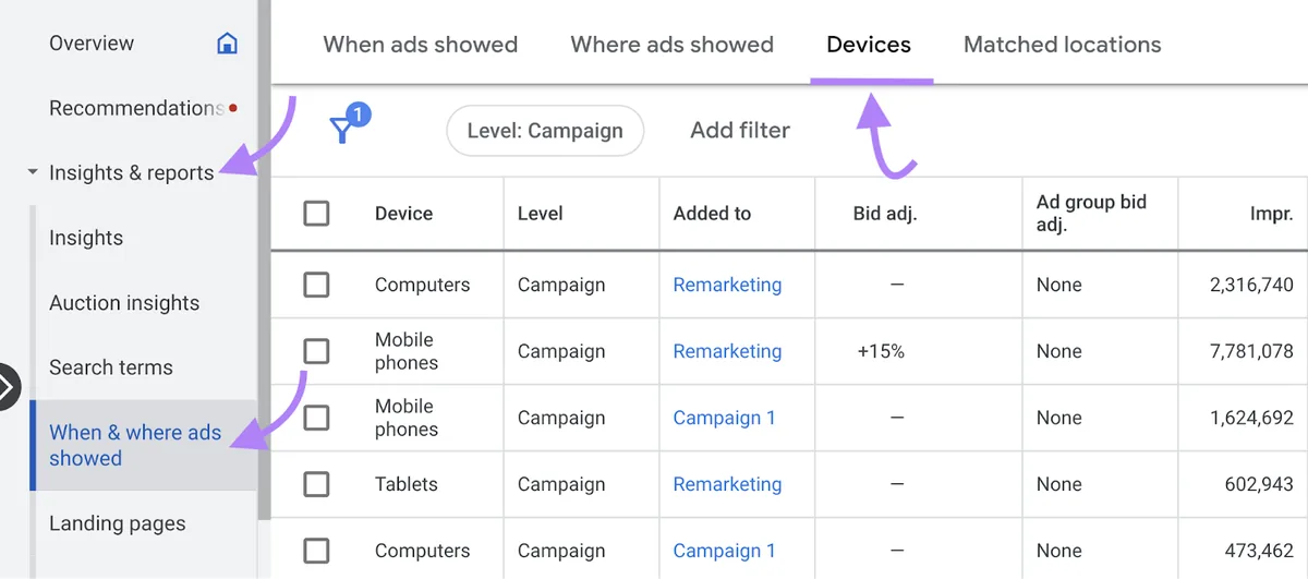 在 Google Ads 中导航至“设备”标签页