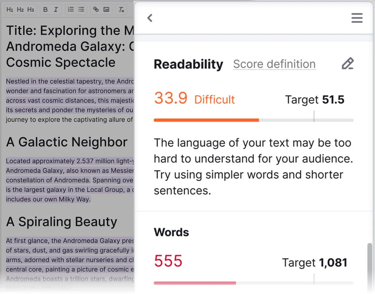 SEO Writing Assistant 含一篇关于仙女座星系(Andromeda Galaxy)的文章,以及显示得分的可读性分析工具。