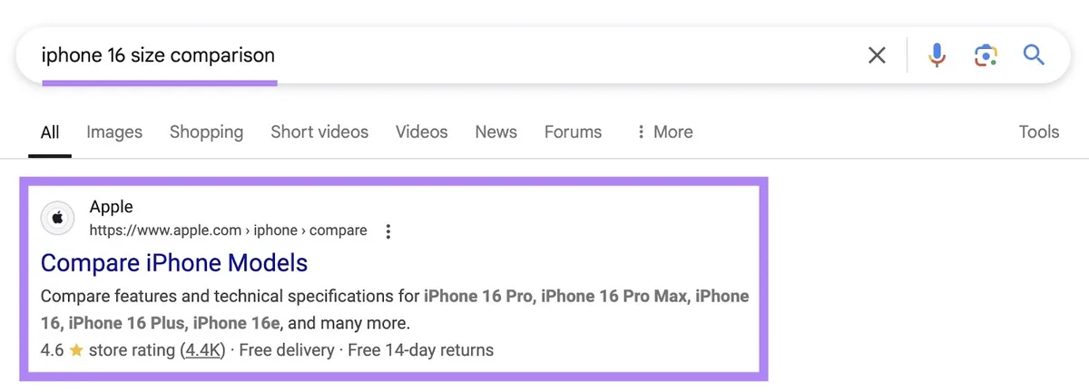 Google 搜索结果页面输入词条“iphone 16 size comparison”，来自 Apple 的顶部结果已高亮显示。
