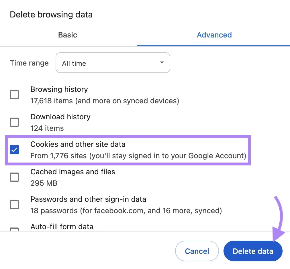 Google Chrome 上的“Delete browsing data”页面,选中了“Cookies and other site data”并点击了“Delete data”