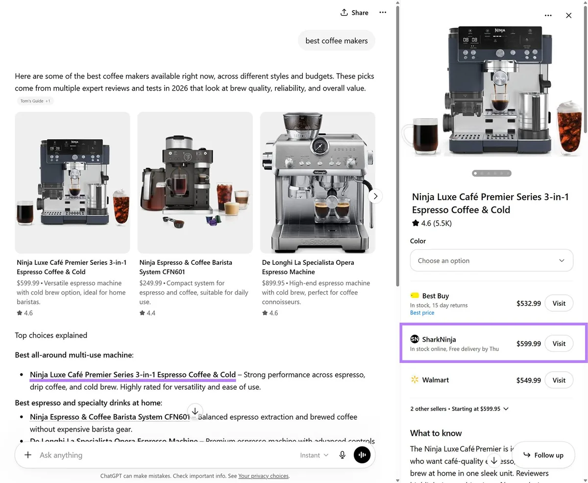 ChatGPT 对“best coffee makers”的结果,侧栏含产品推荐和零售商引用