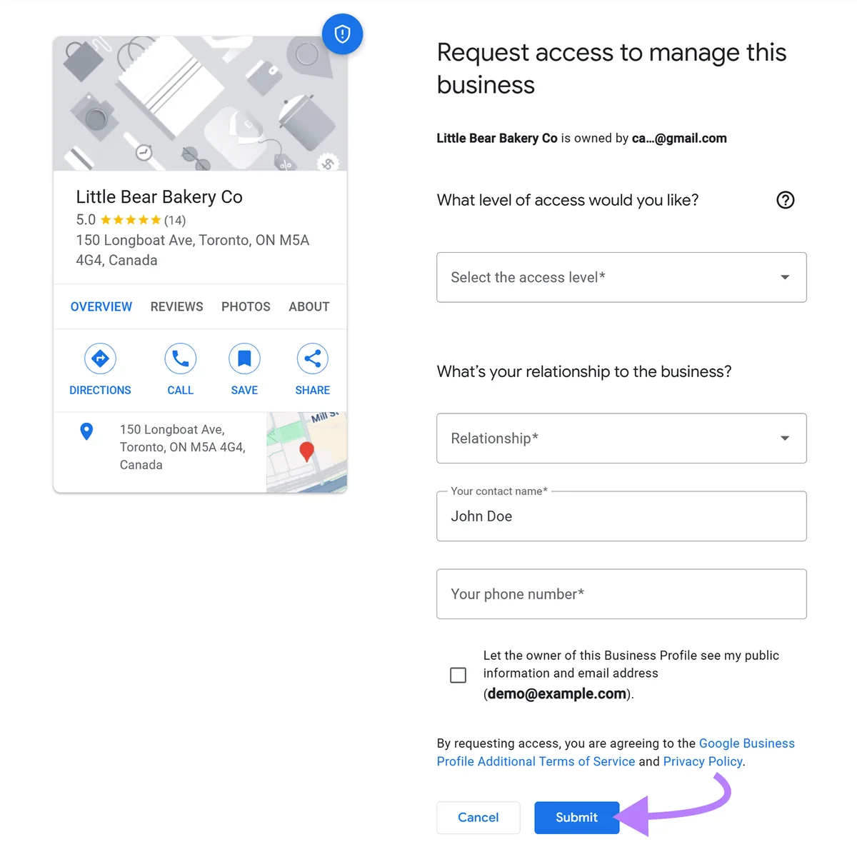 请求访问表单,箭头指向“Submit”按钮。