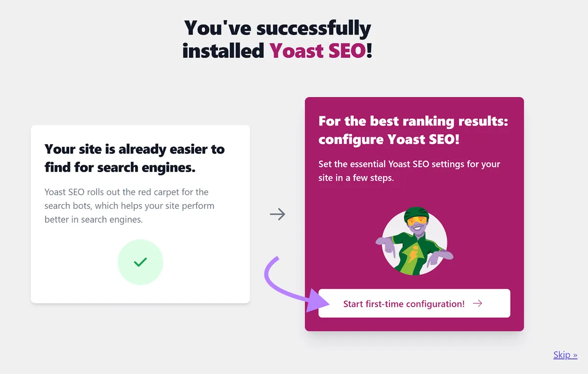 箭头指向 Yoast SEO 的“Start first-time configuration”按钮